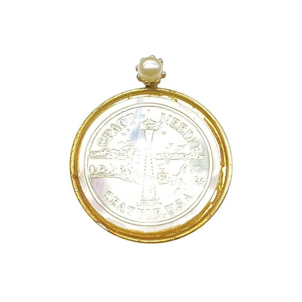 Vintage Space Needle Seattle USA Brooch Pendant Gold-Tone With Faux Pearl Accent